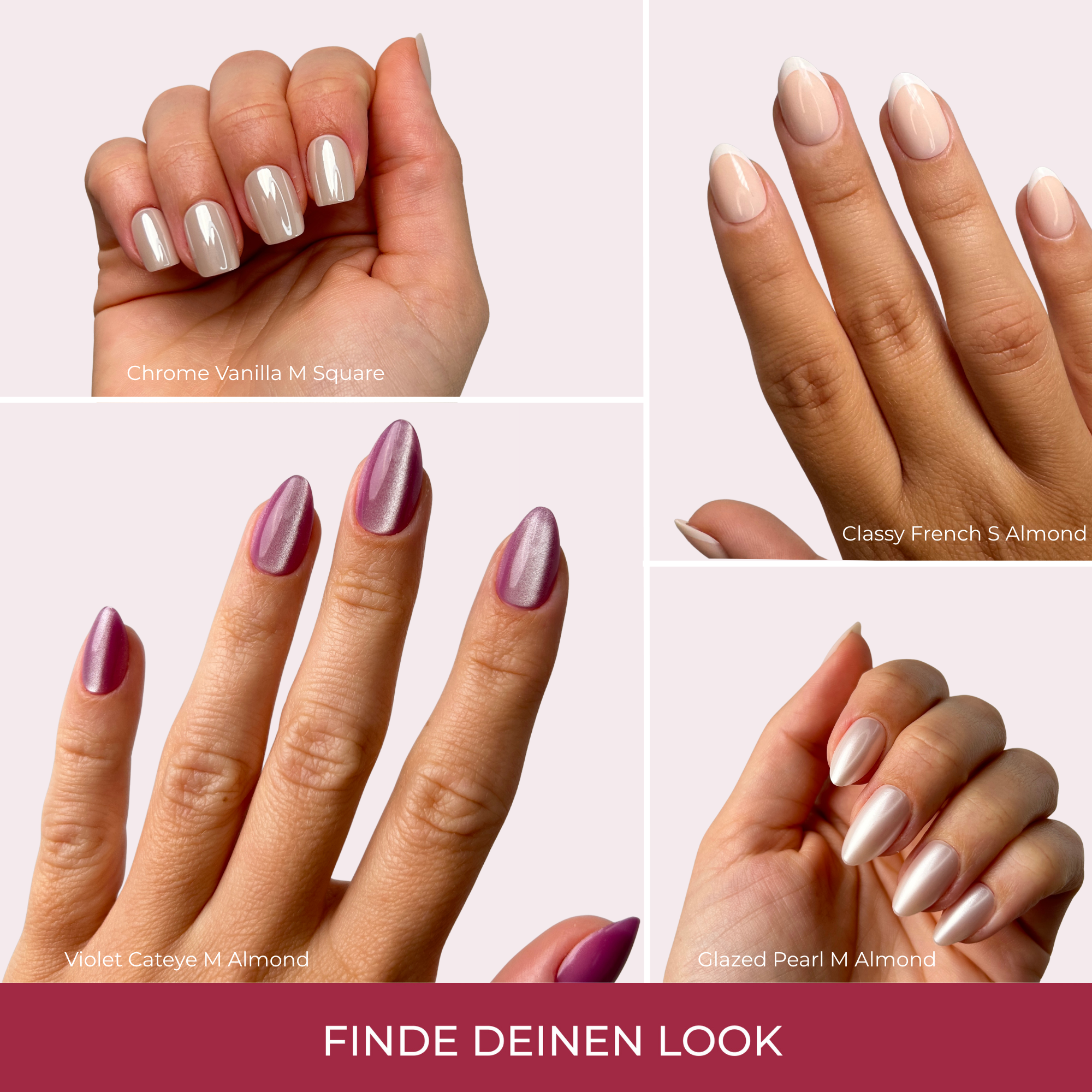 Vier PINKYPACT Press-On Designs an der Hand: Chrome Vanilla M Square, Classy French S Almond, Violet Cateye M Almond, Glazed Pearl M Almond