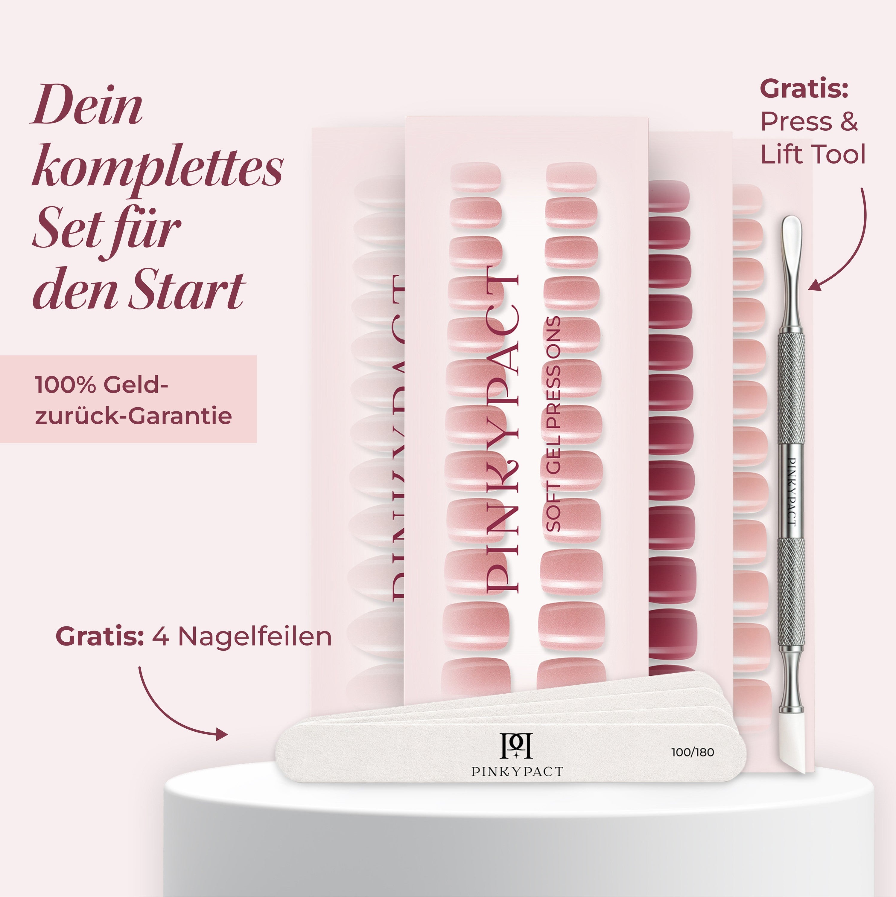 PINKYPACT Press-On Starterset Standard – 4 Designs inkl. Press & Lift Tool und 4 Nagelfeilen #Set_Standard