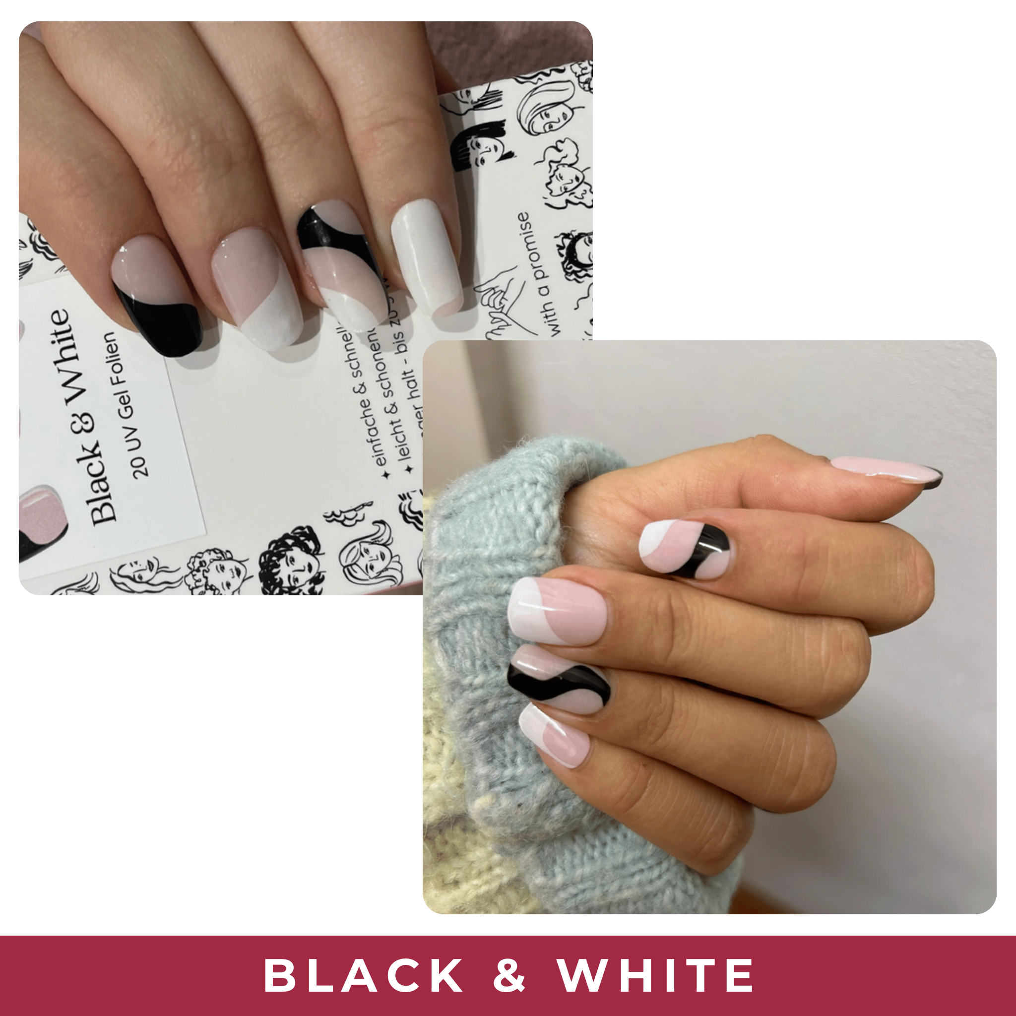 PINKYPACT Black & White – schwarz-weiße UV Gel Nagelfolie, Farbswatch