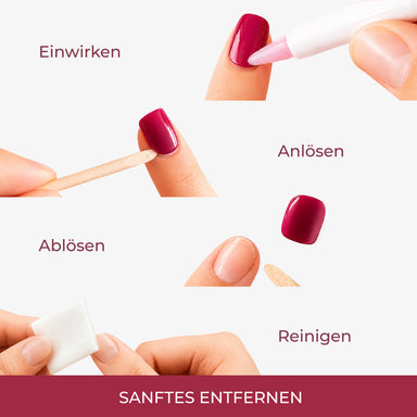 Sanftes Entfernen der Press-On Nails: Remover einwirken lassen, anlösen, ablösen, reinigen
