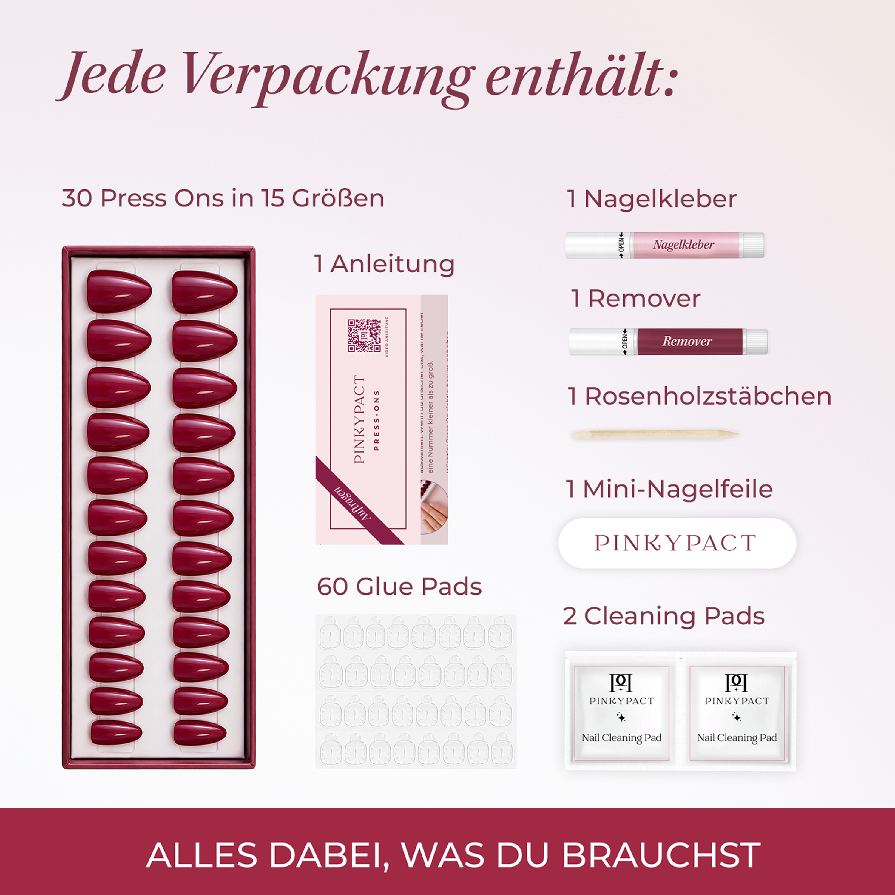 Jede Verpackung enthält: 30 Press-Ons in 15 Größen, Nagelkleber, Remover, Rosenholzstäbchen, Mini-Nagelfeile, 60 Glue Pads, 2 Cleaning Pads und Anleitung