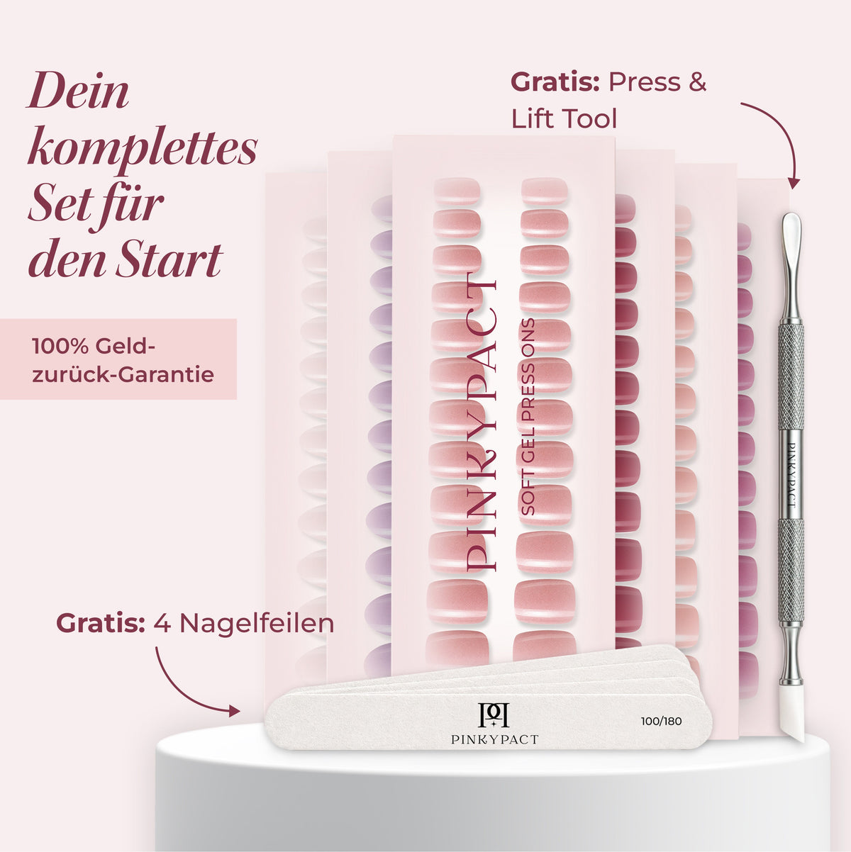 PINKYPACT Press-On Starterset Premium – 6 Designs inkl. Press & Lift Tool und 4 Nagelfeilen #Set_Premium
